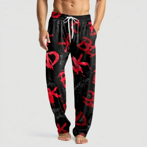 Domuza Halloween Pajamas for Men Novelty Spooky Print Casual Drawstring Sleep Pants Lightweight Cotton Soft Lounge Pajama Bottoms with Pockets Red 3XL