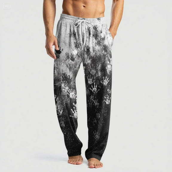Domuza Halloween Pajamas for Men Spooky Novelty Print Casual Drawstring Pajama Pants Lightweight Cotton Soft Lounge Pajama Bottoms with Pockets Light Gray 3XL
