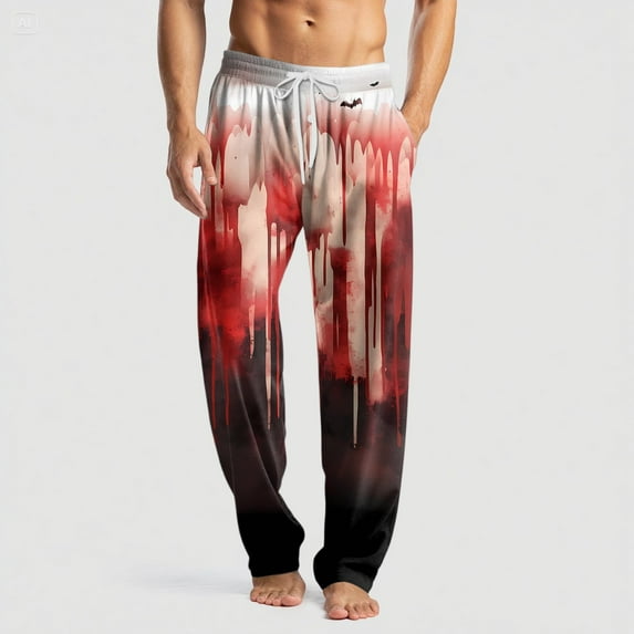 Domuza Halloween Pajamas for Men Spooky Novelty Print Casual Drawstring Sleep Pants Lightweight Cotton Soft Lounge Pajama Bottoms with Pockets Deep Red 3XL