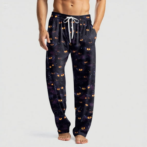 Domuza Halloween Pajamas Mens Funny Spooky Print Casual Drawstring Sleep Pants Lightweight Soft Cotton Lounge Pjs Bottoms with Pockets Purple M