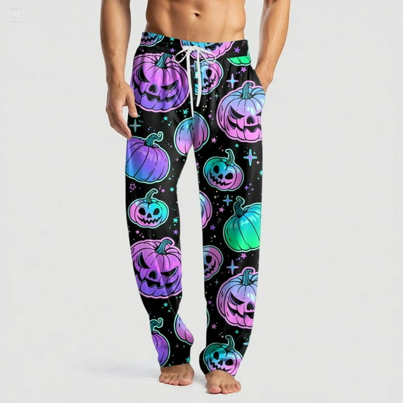 Domuza Halloween Pajamas Mens Horror Funny Print Drawstring Casual Sleep Pants Cotton Soft Comfy Loose Fit Lounge Pjs Trousers with Pockets Purple Pink L