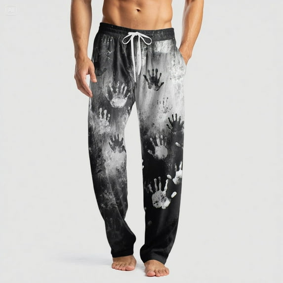 Domuza Halloween Pajamas Mens Novelty Horror Print Casual Drawstring Sleep Pants Lightweight Cotton Soft Lounge Pajama Bottoms with Pockets Gray L