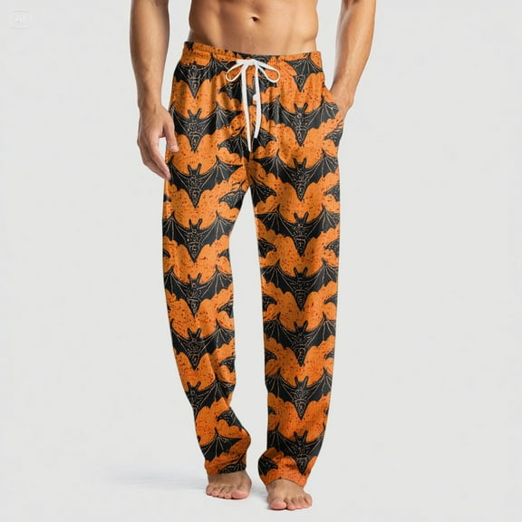 Domuza Halloween Pajamas Mens Spooky Funny Print Casual Drawstring Sleep Pants Lightweight Cotton Soft Lounge Pjs Bottoms with Pockets Ginger 3XL