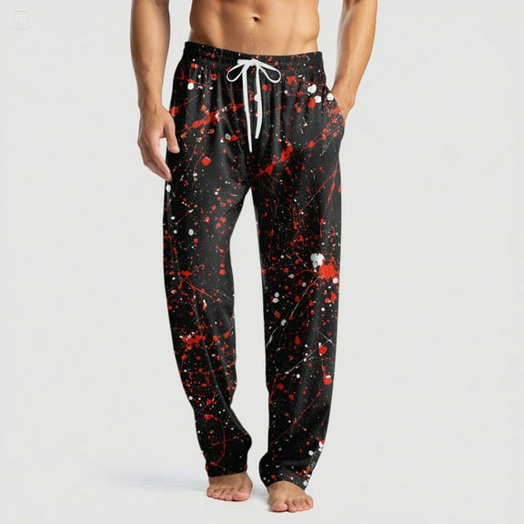 Domuza Halloween Pajamas Mens Spooky Funny Print Casual Drawstring Sleep Pants Lightweight Soft Cotton Lounge Pajama Bottoms with Pockets Black L