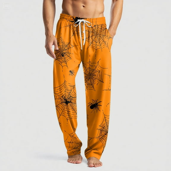 Domuza Halloween Pj Pants for Men Novelty Spooky Print Casual Drawstring Pajama Pants Lightweight Cotton Soft Lounge Pjs Bottoms with Pockets Saffron 3XL