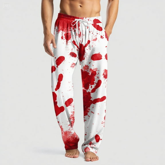 Domuza Halloween Pj Pants for Men Funny Horror Print Casual Drawstring Sleep Pants Lightweight Soft Cotton Lounge Pajama Bottoms with Pockets Pink M
