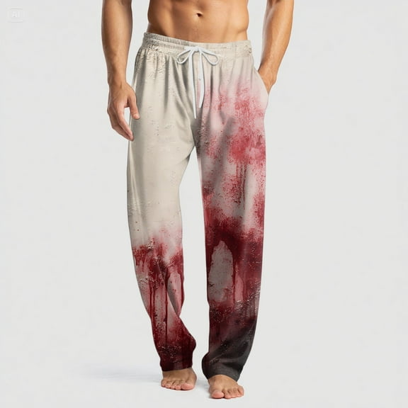 Domuza Halloween Pj Pants for Men Funny Spooky Print Casual Drawstring Sleep Pants Lightweight Cotton Soft Lounge Pjs Bottoms with Pockets Wine L