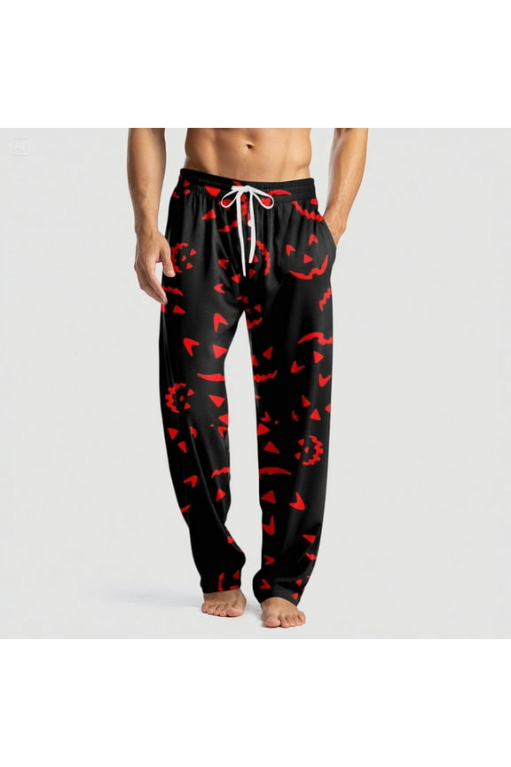 Halloween Pj Pants for Men Horror Funny Print Casual Drawstring Sleep Pants Lightweight Cotton Soft Lounge Pjs Bottoms with Pockets Black L