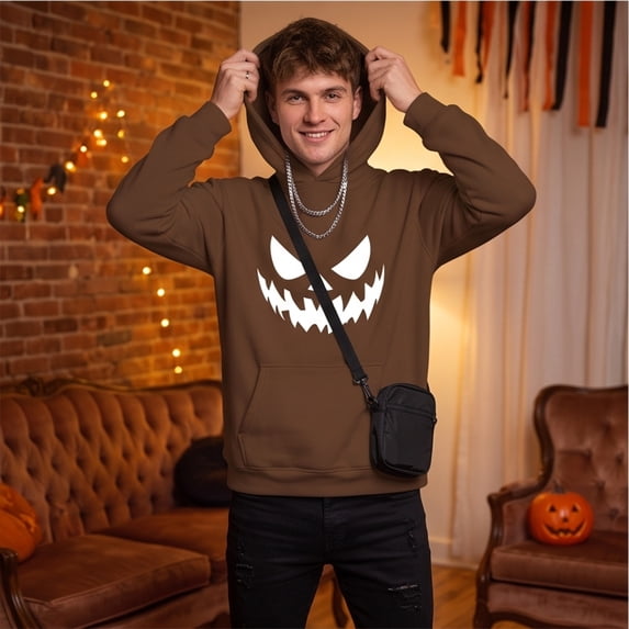 Domuza Halloween Pumpkin Face Print Hoodie for Men Women, Fashion Vintage Long Sleeve Pullover Sweatshirt, Drawstring Hood with Kangaroo Pocket