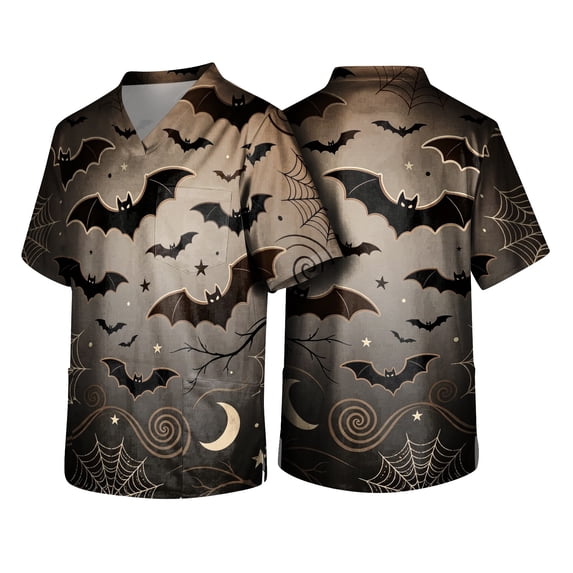Domuza Halloween Scrub Shirt Men Witch Castle Pattern Casual Short Sleeve V Neck T-Shirts Fashion Comfy Funny Medical Top with 3 Pocket Orange L