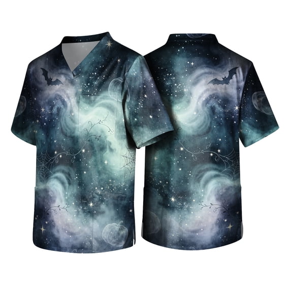Domuza Halloween Scrub Shirt for Men Witch Castle Pattern Casual Short Sleeve V Neck T Shirts Stylish Comfortable Funny Medical Top with 3 Pocket Purple S