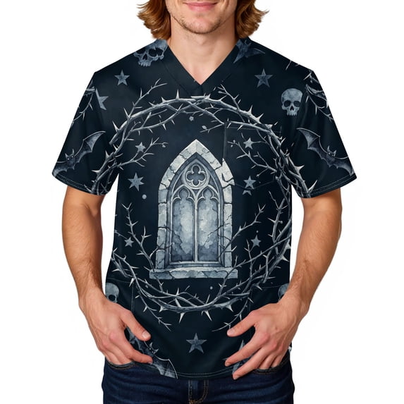 Domuza Halloween Scrub Shirts for Men Funny Novelty Graphics V-Neck Short Sleeve Caregiver Uniform Shirts Comfy Soft Classic Fit Medical Scrub Tops 3XL