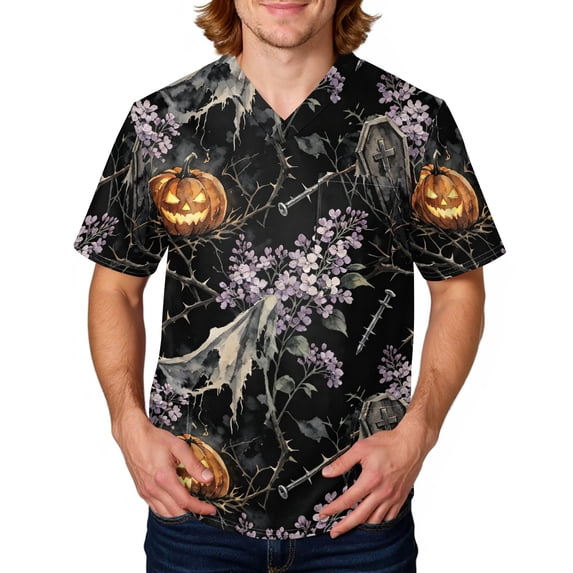 Domuza Halloween Scrub Shirts for Men Funny Horror Graphics V-Neck Short Sleeve Nurse Uniform Shirts Comfy Soft Classic Fit Medical Scrub Tops 2XL