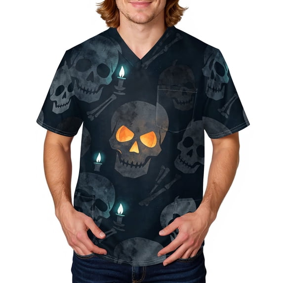 Domuza Halloween Scrub Top Men Funny Horror Graphics V-Neck Short Sleeve Nursing Uniform Shirts Comfy Soft Classic Fit Medical Workwear 5XL