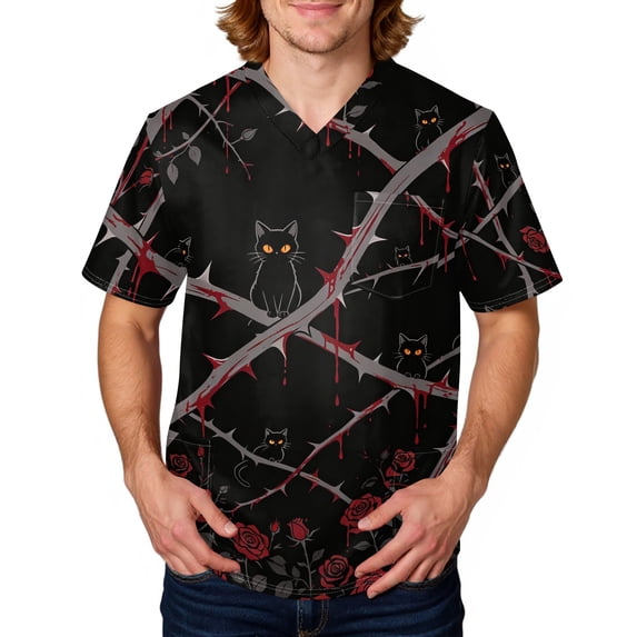 Domuza Halloween Scrub Tops Men Funny Novelty Print V-Neck Short Sleeve Working Uniform Shirts Comfy Soft Relaxed Fit Medical Scrub Tops 2XL