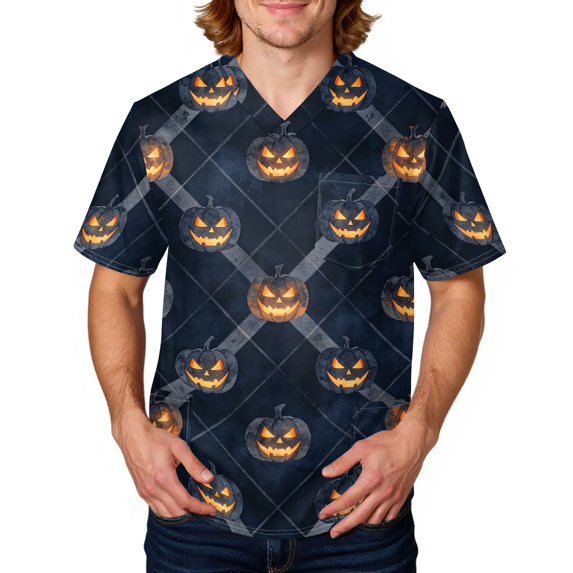 Domuza Halloween Scrub Tops Men Novelty Spooky Graphics V-Neck Short Sleeve Work Uniform Shirts Comfy Soft Relaxed Fit Medical Workwear L