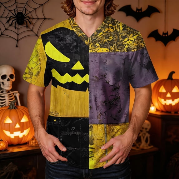 Domuza Halloween Scrub Tops Men Novelty Spooky Print V-Neck Short Sleeve Nurse Uniform Shirts Comfy Soft Classic Fit Medical Scrub Tops M