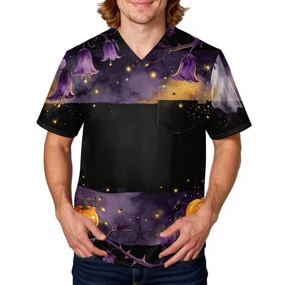 Domuza Halloween Scrub Tops Men Novelty Spooky Print V-Neck Short Sleeve Nursing Uniform Shirts Comfy Soft Relaxed Fit Medical Workwear 2XL