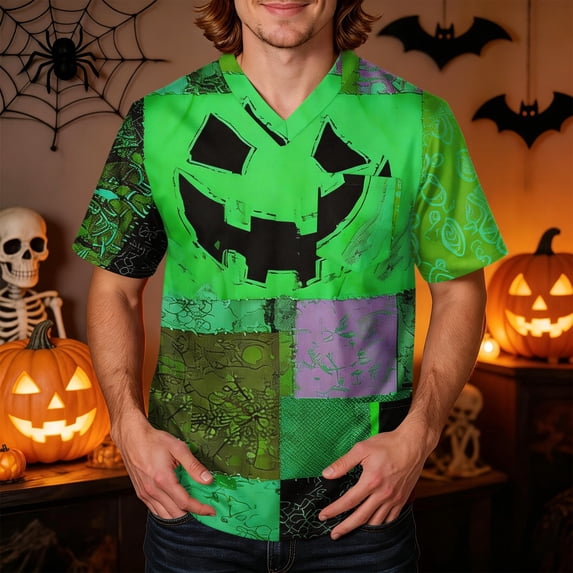 Domuza Halloween Scrub Tops Men Spooky Funny Print V-Neck Short Sleeve Nursing Uniform Shirts Comfy Soft Relaxed Fit Medical Workwear 2XL