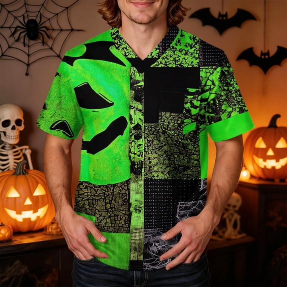 Domuza Halloween Scrub Tops for Men Spooky Funny Graphics V-Neck Short Sleeve Work Uniform Shirts Comfy Soft Relaxed Fit Medical Workwear M