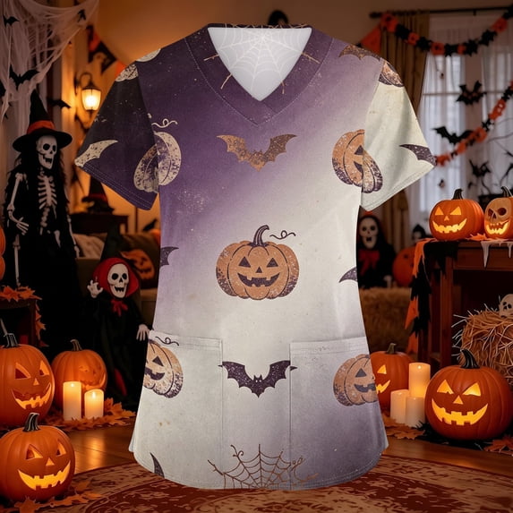 Domuza Halloween Scrubs Shirts for Women Funny Bat Graphic Casual Soft Stretchy Short Sleeve V Neck Tshirts Breathable Nurse Uniforms Tops with Pocket Black M