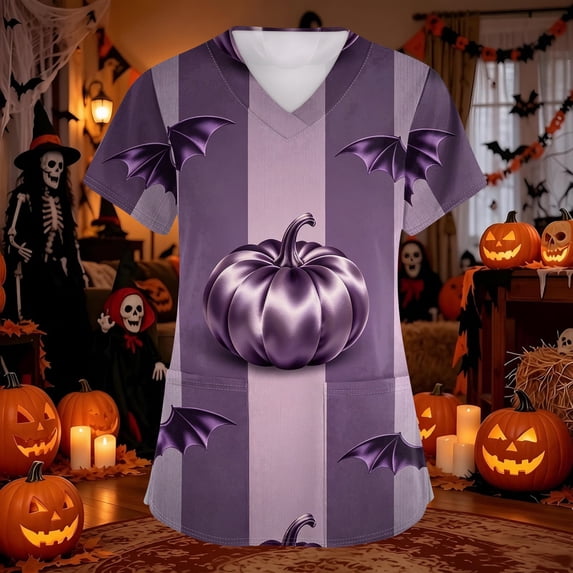 Domuza Halloween Scrubs Shirts Women Pumpkin Graphic Casual Soft Stretchy Short Sleeve V-Neck Tshirts Breathable Nurse Uniforms Top with Pocket Blue L