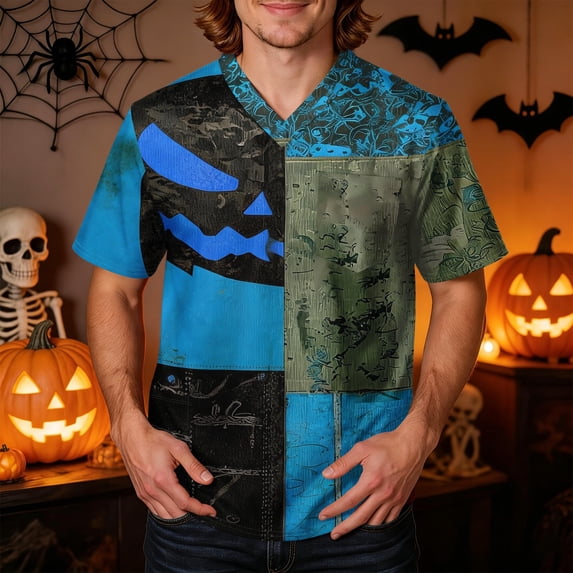 Domuza Halloween Scrubs for Men Top Funny Horror Print V-Neck Short Sleeve Caregiver Uniform Shirts Comfy Soft Classic Fit Medical Scrub Tops 5XL