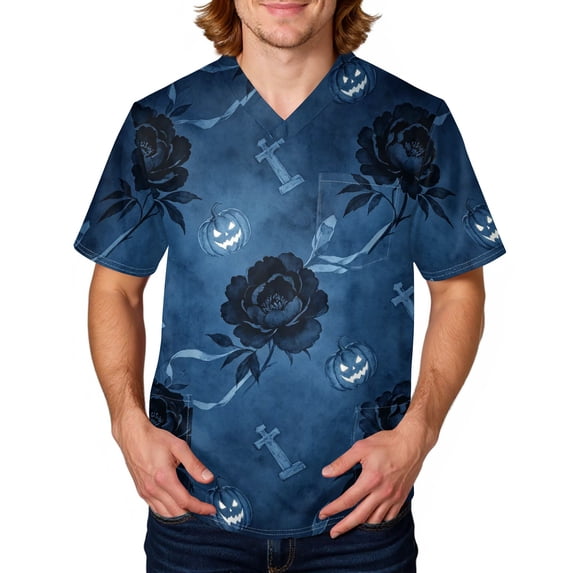 Domuza Halloween Scrubs for Men Top Horror Funny Print V-Neck Short Sleeve Working Uniform Shirts Comfy Soft Classic Fit Medical Scrub Tops L