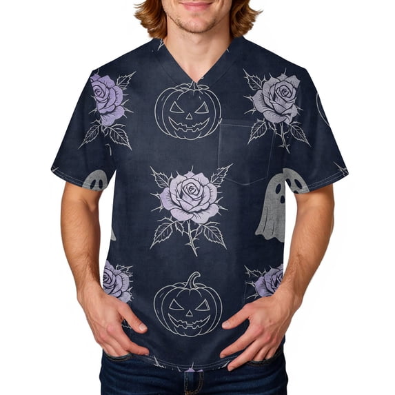 Domuza Halloween Scrubs for Men Top Spooky Funny Graphics V-Neck Short Sleeve Work Uniform Shirts Comfy Soft Classic Fit Medical Workwear 2XL