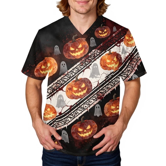 Domuza Halloween Scrubs for Men Top Spooky Funny Print V-Neck Short Sleeve Working Uniform Shirts Comfy Soft Classic Fit Medical Scrub Tops M