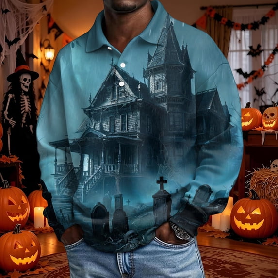 Domuza Halloween Shirt for Men Casual Long Sleeve Spooky Funny Print Polo Shirts Retro Regular Fit Button Down Collared Blouse Green 3XL