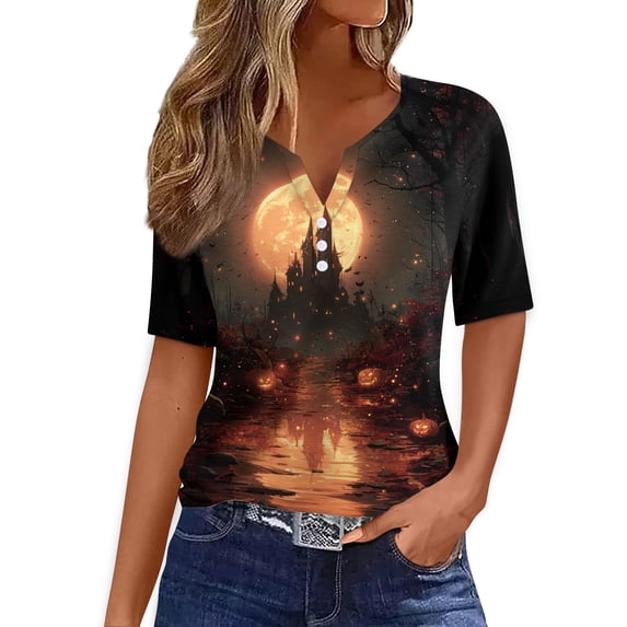 Domuza Halloween Shirts Women Casual V Neck Short Sleeve Holiday Henley T Shirt Fall Spooky Funny Graphics Vintage Button Tops-F XL