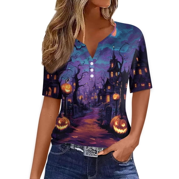 Domuza Halloween Shirts for Women Casual V Neck Short Sleeve Holiday Henley T Shirt Fall Spooky Novelty Print Retro Button Up Blouse-F XL