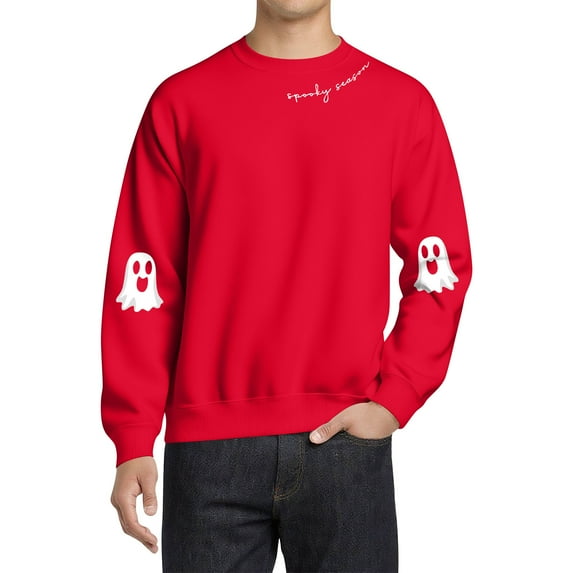 Domuza Halloween Sweatshirt Men Funny Novelty Print Long Sleeve Crew Neck Pullover Top Fall Winter Relaxed Fit Casual Shirt Cute Ghost Sweater Red S