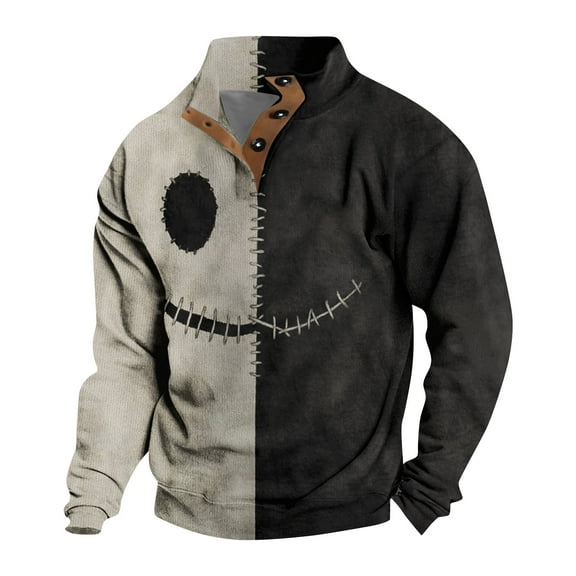 Domuza Halloween Sweatshirts Men Ghost Pumpkin Funny Horror Print Henley Sweatshirts Fall Winter Loose Fit Button Down Long Sleeve Pullover Earthy Yellow XL