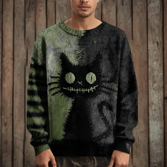 Domuza Halloween Sweatshirts for Men Spooky Funny Pumpkin Face Print Crew_neck Sweater Fall Winter Trendy Casual Long Sleeve Pullover Green XL