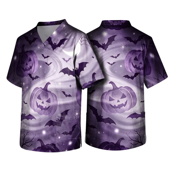 Domuza Halloween Themed Scrub Shirts for Men Skull Graphics Casual Short Sleeve V Neck T Shirts Fashion Comfort Funny Medical Top with 3 Pocket Black L