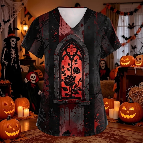 Domuza Halloween Themed Scrubs Shirts for Women Funny Bat Printed Casual Soft Stretchy Short Sleeve V-Neck T Shirts Breathable Nurse Uniforms Tops with Pocket Orange M