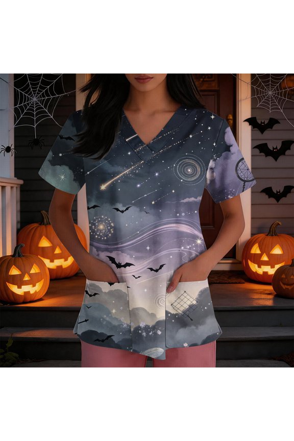 Halloween Themed Scrubs Shirts Women Funny Bat Printed Casual Soft Stretchy Short Sleeve V-Neck Tee Shirts Breathable Nurse Uniforms Top with Pocket Blue XL