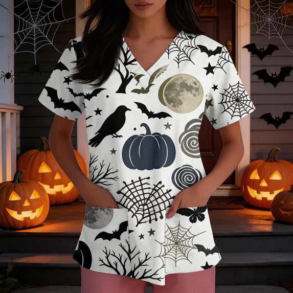 Domuza Halloween Themed Scrubs Shirts Women Funny Bat Printed Casual Soft Stretchy Short Sleeve V Neck Tee Shirts Breathable Nurse Uniforms Tops with Pocket Dark Green 4XL