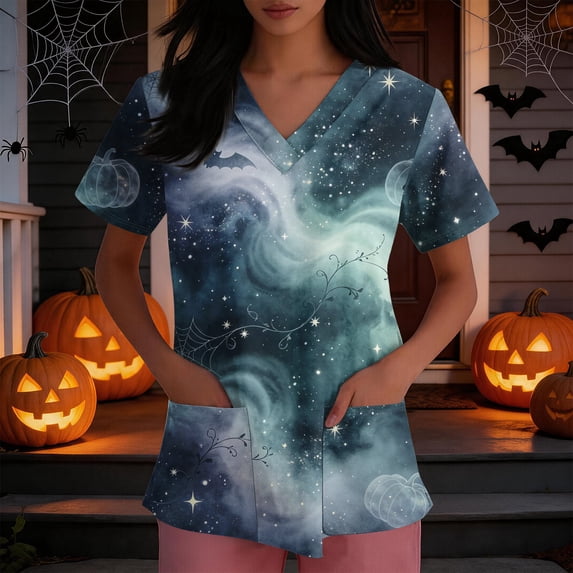 Domuza Halloween Themed Scrubs Shirts Women Pumpkin Bats Print Casual Soft Stretchy Short Sleeve V-Neck Shirts Breathable Nurse Uniforms Tops with Pocket Blue XL