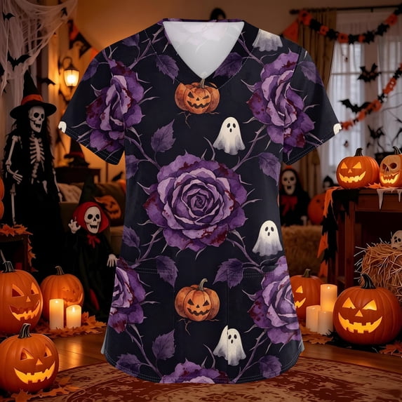Domuza Halloween Themed Scrubs Shirts for Women Pumpkin Bats Print Casual Soft Stretchy Short Sleeve V-Neck T-Shirts Breathable Nurse Uniforms Tops with Pocket Cyan XL
