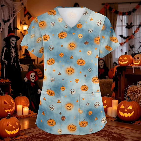 Domuza Halloween Themed Scrubs Shirts for Women Pumpkin Graphic Casual Soft Stretchy Short Sleeve V Neck Tshirts Breathable Nurse Uniforms Tops with Pocket Red 4XL
