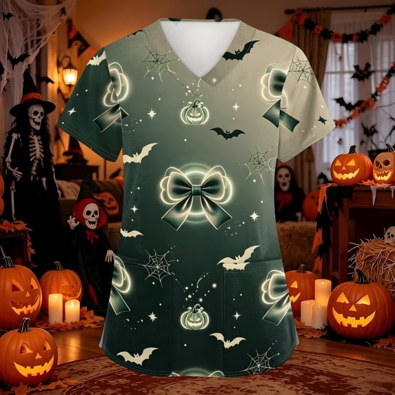 Domuza Halloween Themed Scrubs Shirts for Women Pumpkin Printed Casual Soft Stretchy Short Sleeve V-Neck Shirts Breathable Nurse Uniforms Top with Pocket Red 5XL