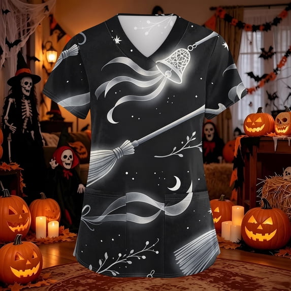Domuza Halloween Themed Scrubs Shirts Women Pumpkin Printed Casual Soft Stretchy Short Sleeve V Neck Shirts Breathable Nurse Uniforms Top with Pocket White 2XL