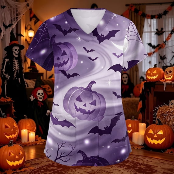 Domuza Halloween Themed Scrubs Shirts for Women Pumpkin Printed Casual Soft Stretchy Short Sleeve V Neck Tee Shirts Breathable Nurse Uniforms Top with Pocket White S