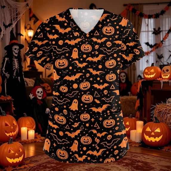 Domuza Halloween Themed Scrubs Shirts Women Spooky Graphic Casual Soft Stretchy Short Sleeve V-Neck T-Shirts Breathable Nurse Uniforms Tops with Pocket Green XL