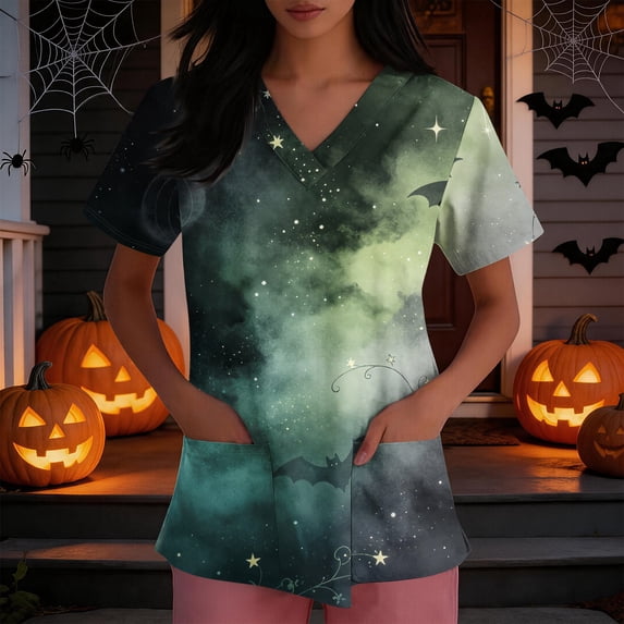 Domuza Halloween Themed Scrubs Shirts for Women Spooky Graphic Casual Soft Stretchy Short Sleeve V-Neck Tshirts Breathable Nurse Uniforms Tops with Pocket Green XL