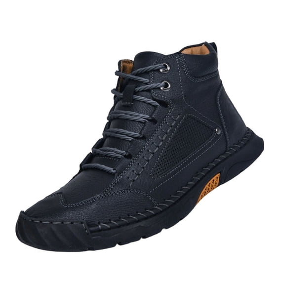 Domuza Hand Stitched Leather Men's Chukka Ankle Boots, Classic Lace-Up Mid Top Casual Shoes, Built-In Arch Support Wide Toe Design, Waterproof Non-Slip Durable Sneakers Black 8 (EU-41)