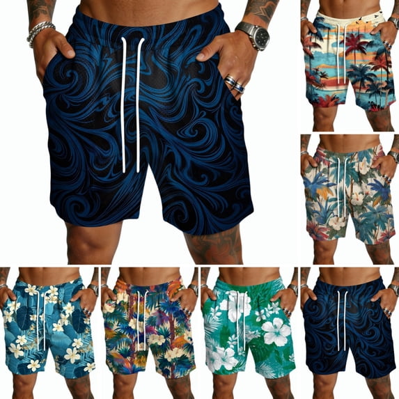 Domuza Hawaiian Beach Shorts for Men Lightweight Elastic Waist Drawstring Shorts Summer Vacation Casual Shorts with Pocket Black 2XL